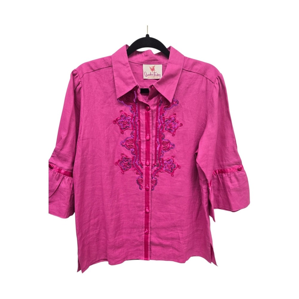Quacker Factory Pink Linen Blend Embroidered Sequin Bell Sleeve Top 1X